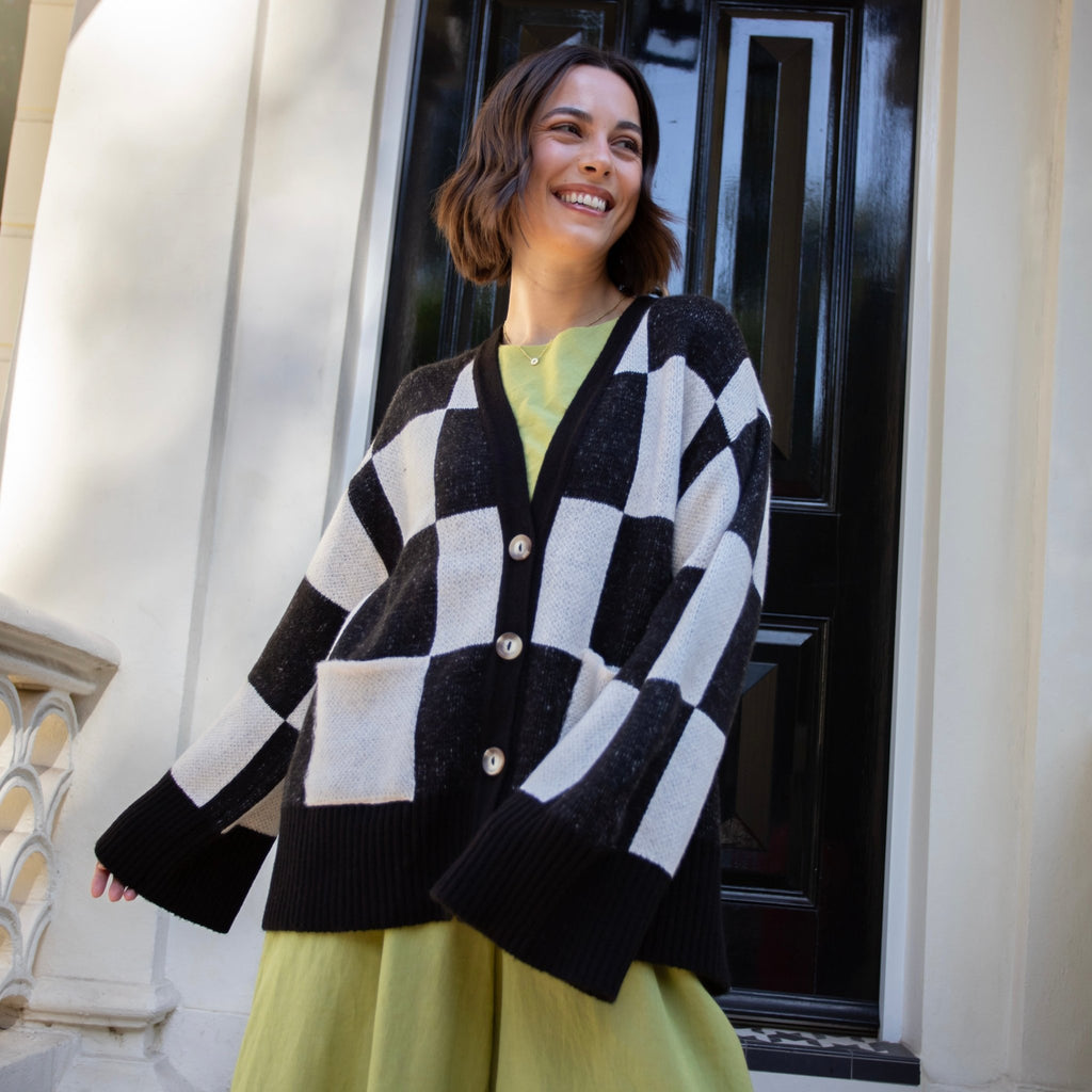 Candice Checked Oversized Chunky Cardigan - Black & White - Cara & The Sky