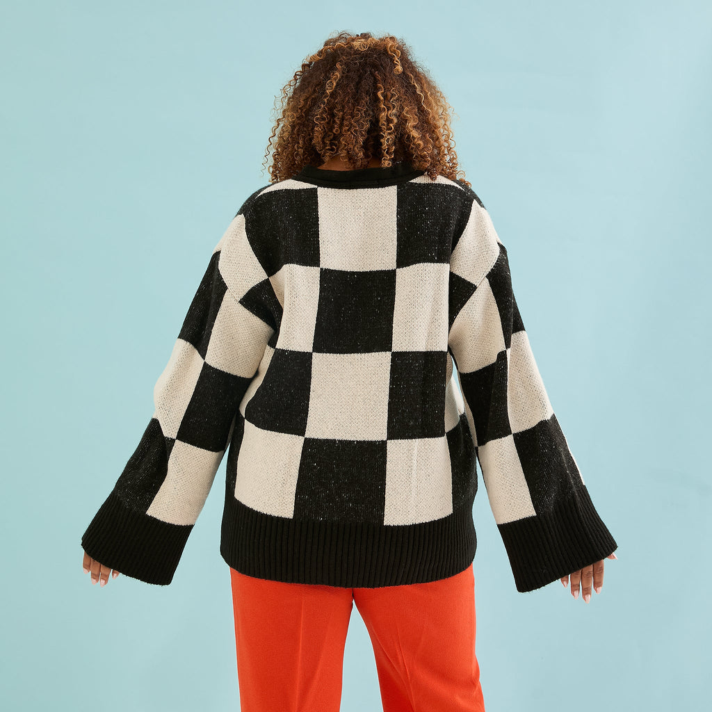 Candice Checked Oversized Chunky Cardigan - Black & White - Cara & The Sky