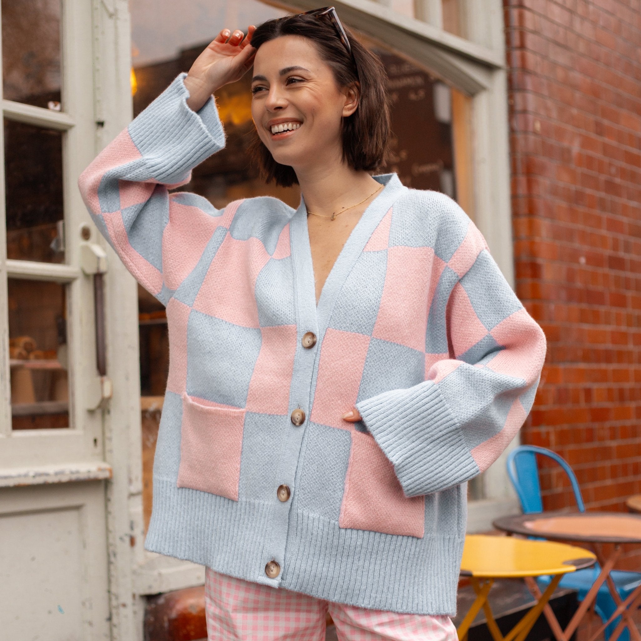 Candice Checked Wide Sleeve Cardigan Pink &