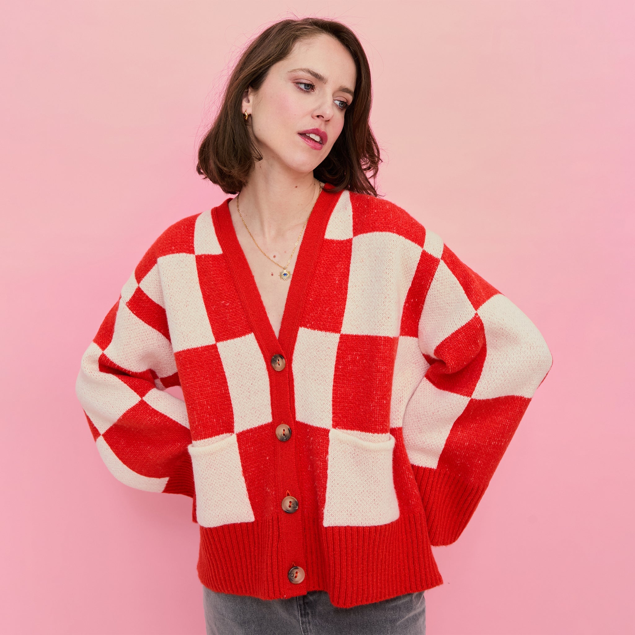 Candice Checked Wide Sleeve Cardigan Red Cara The Sky