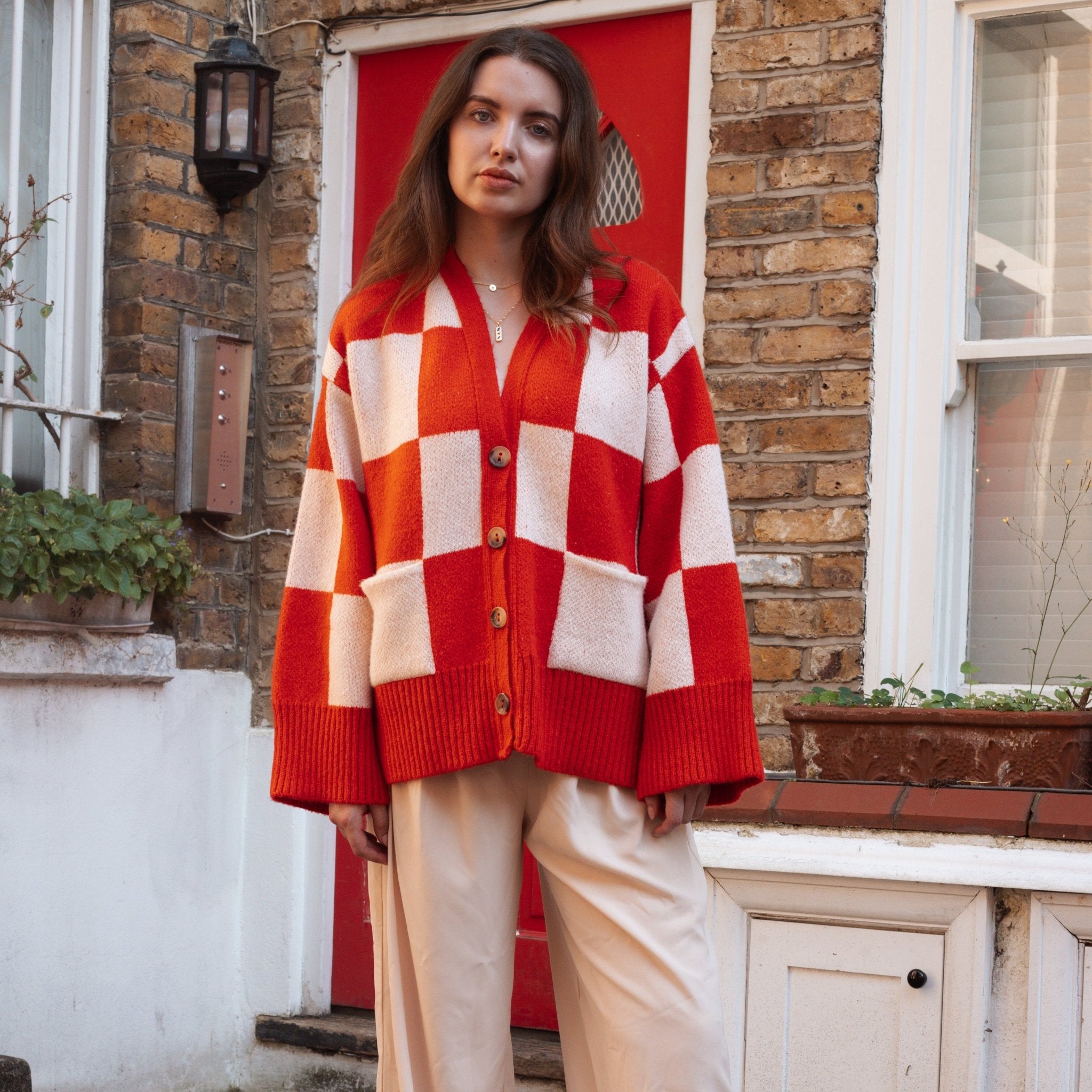 Candice Checkerboard Wide Sleeve Cardigan Red &