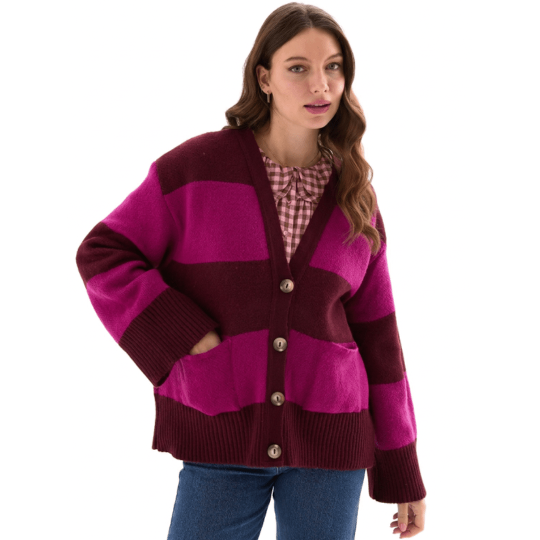 Candice Chunky Stripe V Neck Button Cardigan & Fuchsia