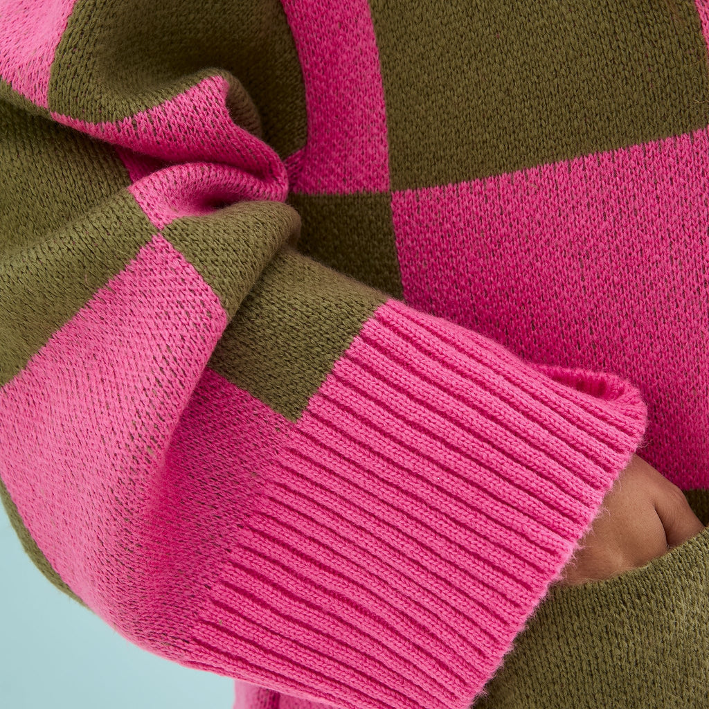 Candice Wide Sleeve Checked Button Cardigan - Pink & Green - Cara & The Sky