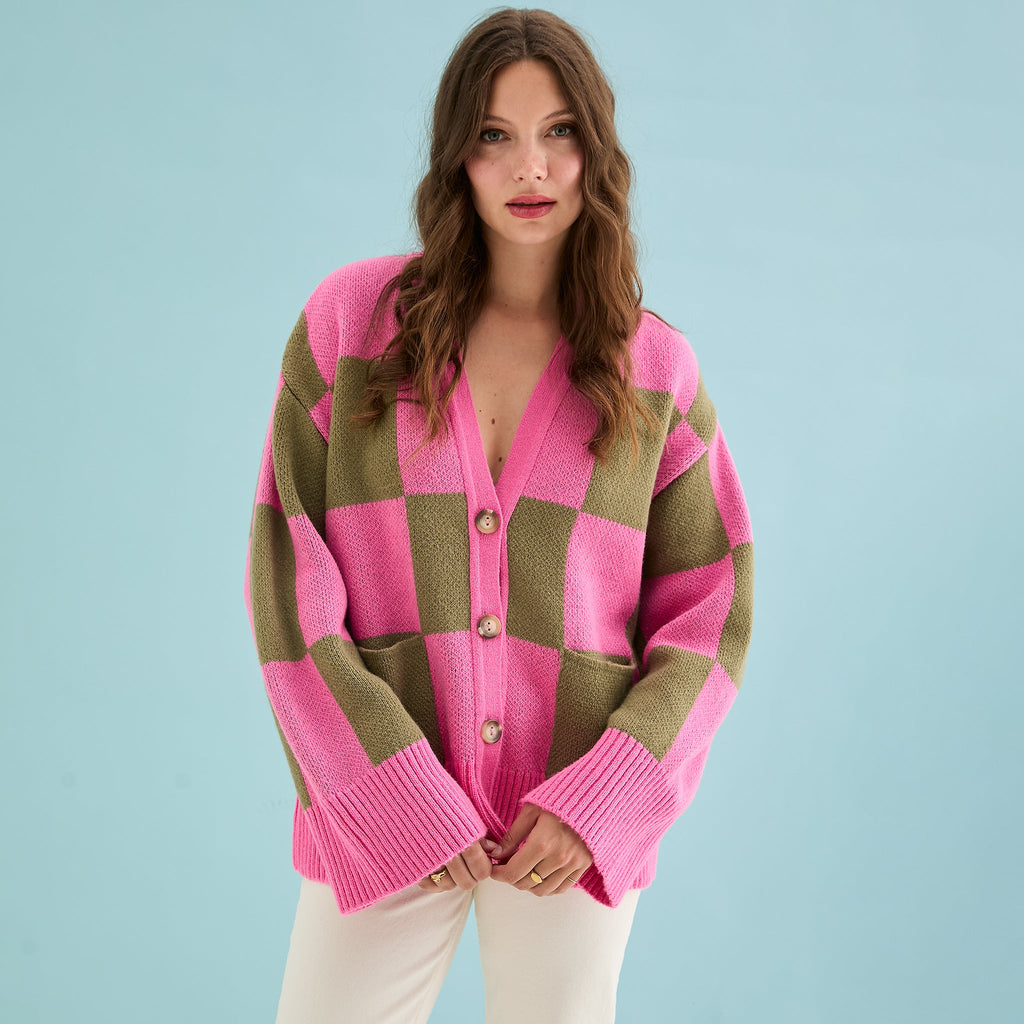 Candice Wide Sleeve Checked Button Cardigan - Pink & Green - Cara & The Sky