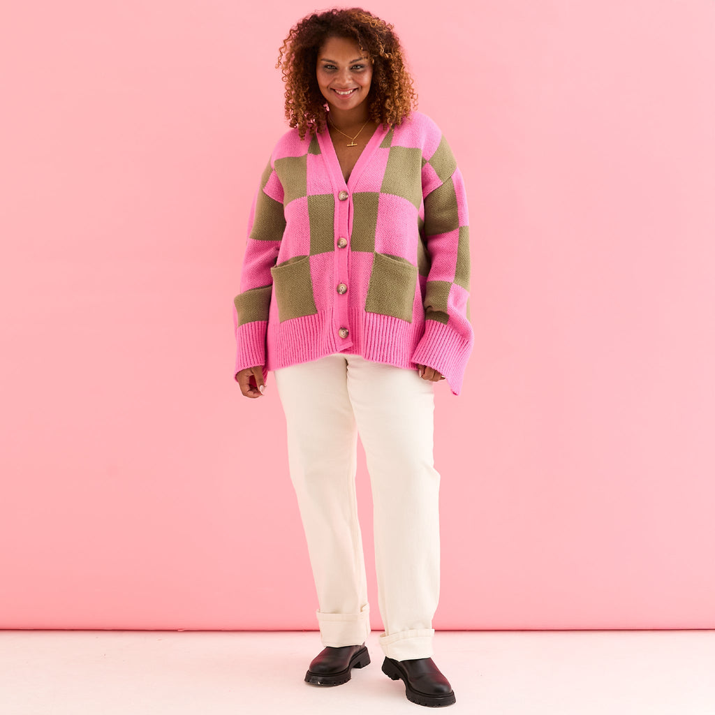 Candice Wide Sleeve Checked Button Cardigan - Pink & Green - Cara & The Sky