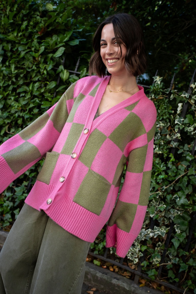 Candice Wide Sleeve Checked Button Cardigan - Pink & Green - Cara & The Sky