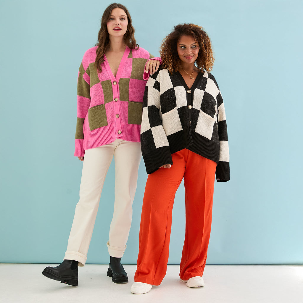 Candice Wide Sleeve Checked Button Cardigan - Pink & Green - Cara & The Sky