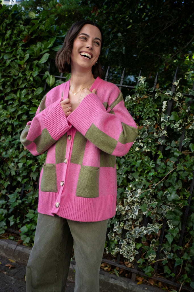 Candice Wide Sleeve Checked Button Cardigan - Pink & Green - Cara & The Sky