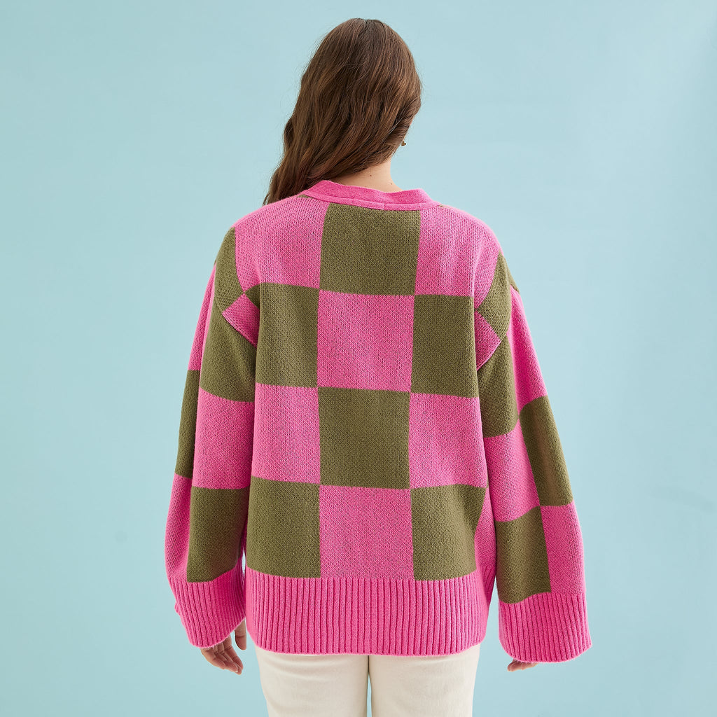 Candice Wide Sleeve Checked Button Cardigan - Pink & Green - Cara & The Sky