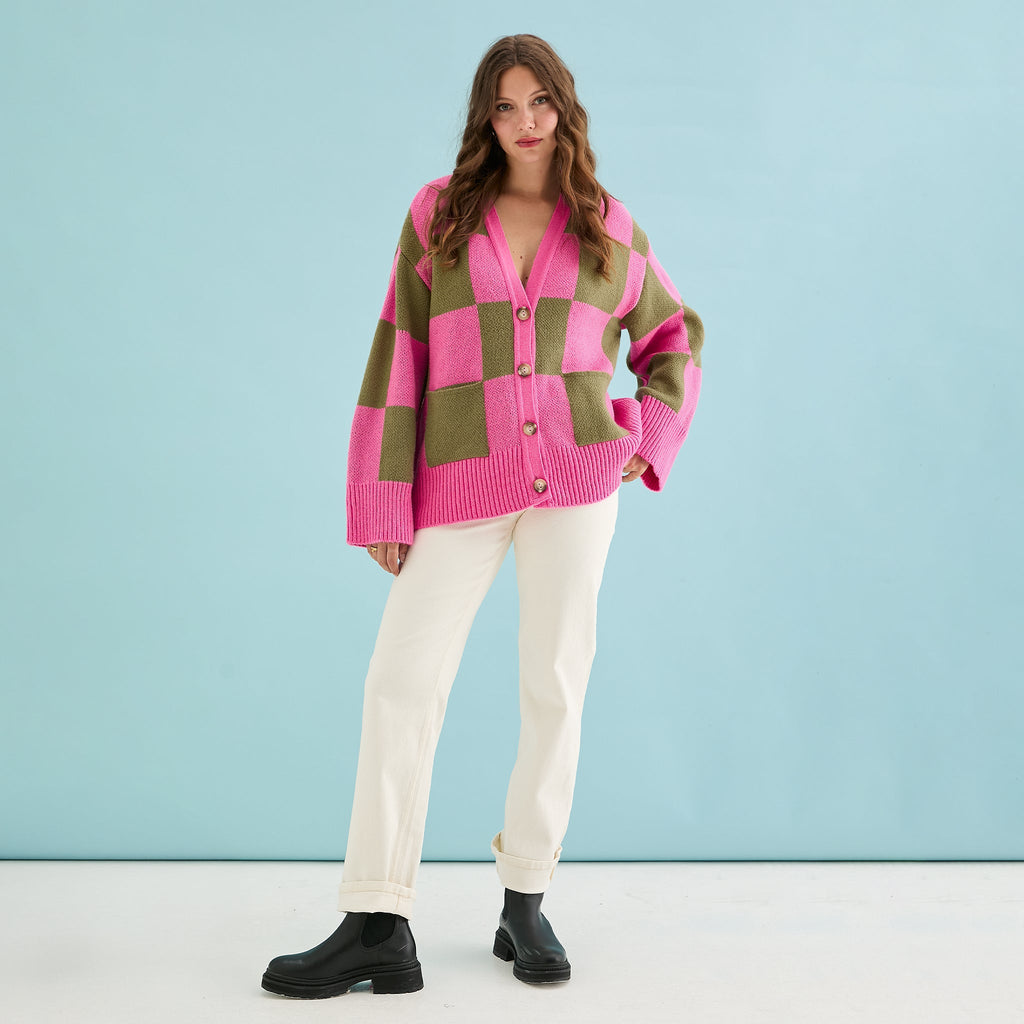 Candice Wide Sleeve Checked Button Cardigan - Pink & Green - Cara & The Sky