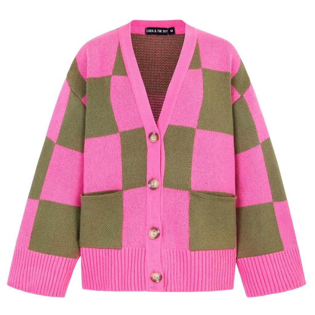 Candice Wide Sleeve Checked Button Cardigan - Pink & Green - Cara & The Sky