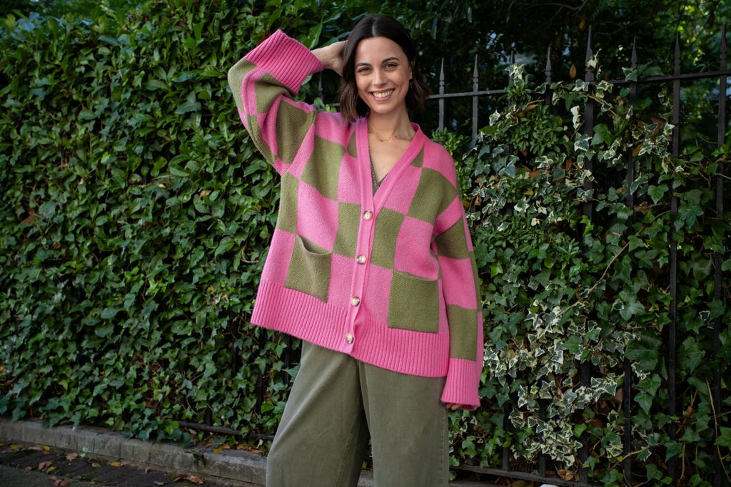 Candice Wide Sleeve Checked Button Cardigan - Pink & Green - Cara & The Sky