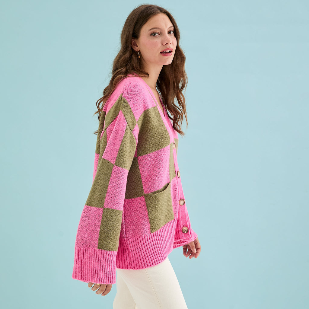 Candice Wide Sleeve Checked Button Cardigan - Pink & Green - Cara & The Sky