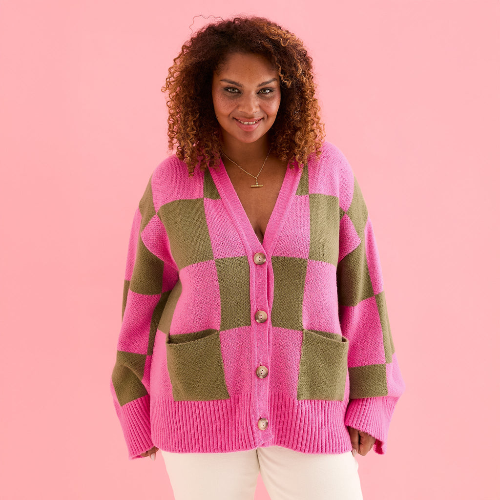 Candice Wide Sleeve Checked Button Cardigan - Pink & Green - Cara & The Sky