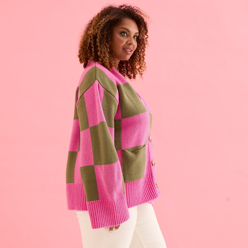Candice Wide Sleeve Checked Button Cardigan - Pink & Green - Cara & The Sky