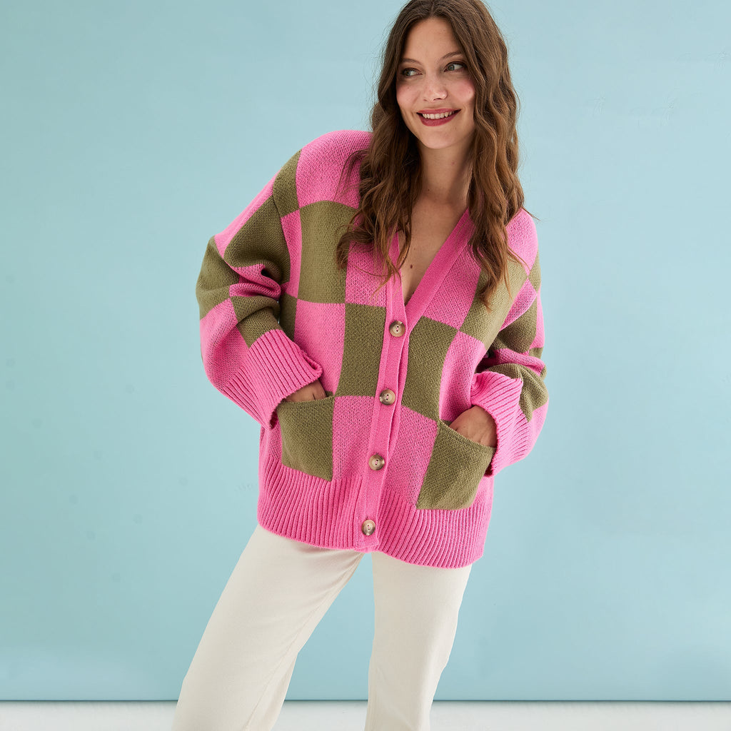 Candice Wide Sleeve Checked Button Cardigan - Pink & Green - Cara & The Sky
