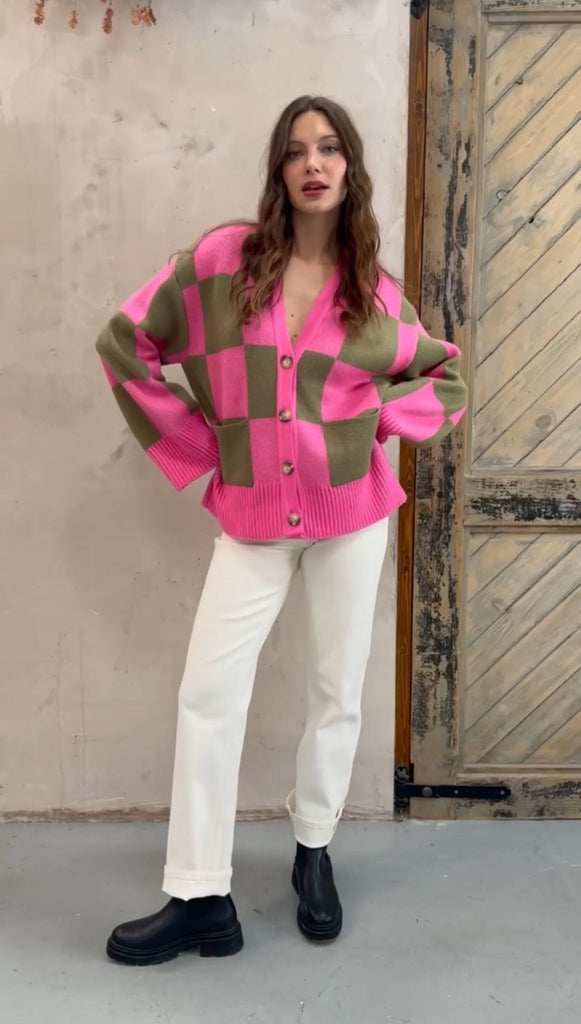 Candice Wide Sleeve Checked Button Cardigan - Pink & Green - Cara & The Sky