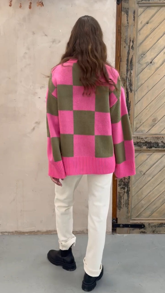 Candice Wide Sleeve Checked Button Cardigan - Pink & Green - Cara & The Sky