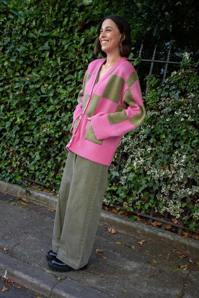 Candice Wide Sleeve Checked Button Cardigan - Pink & Green - Cara & The Sky