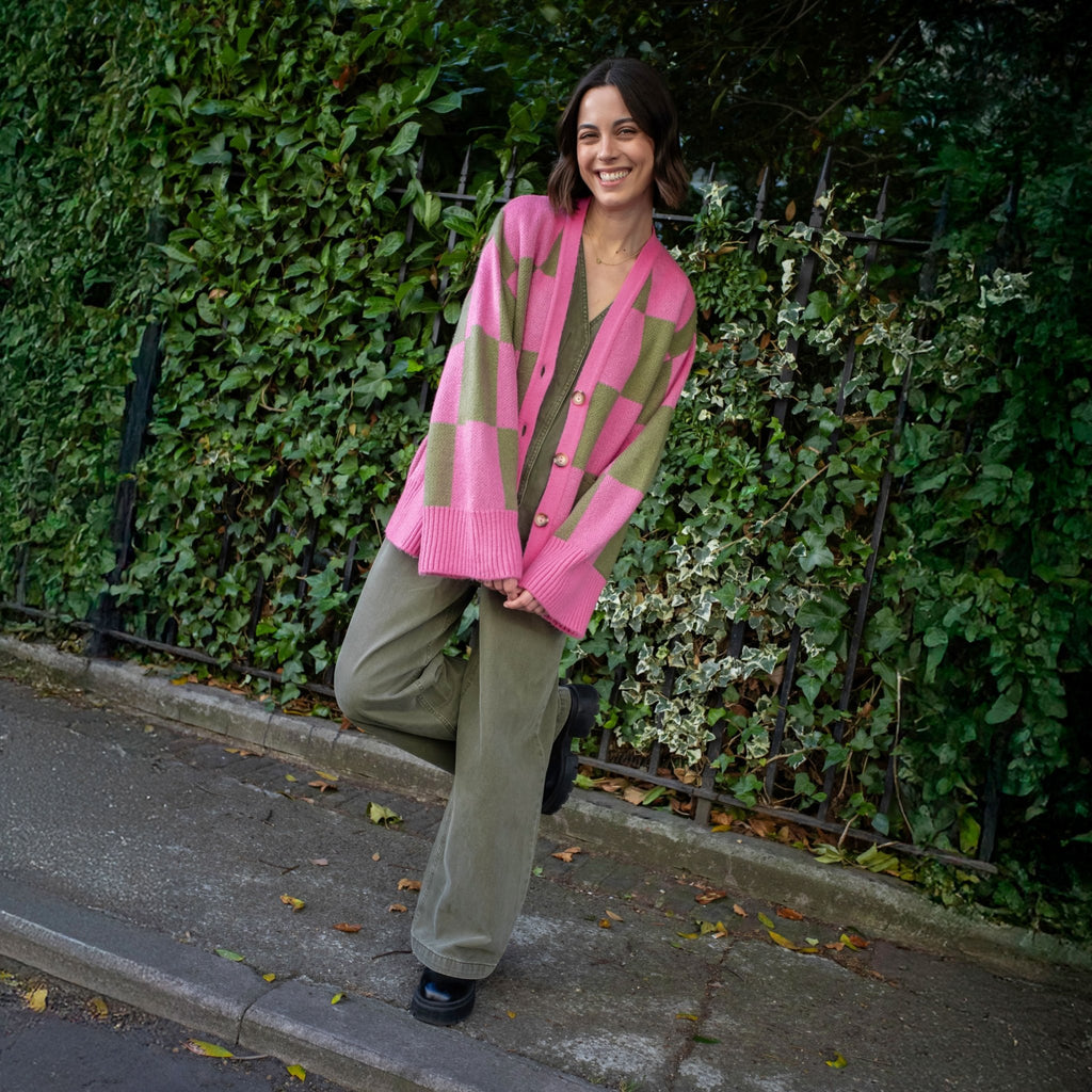 Candice Wide Sleeve Checked Button Cardigan - Pink & Green - Cara & The Sky