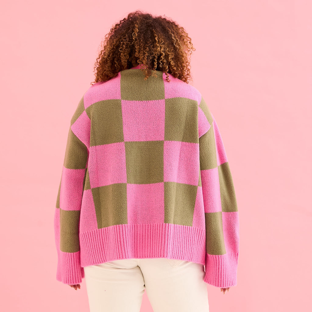 Candice Wide Sleeve Checked Button Cardigan - Pink & Green - Cara & The Sky