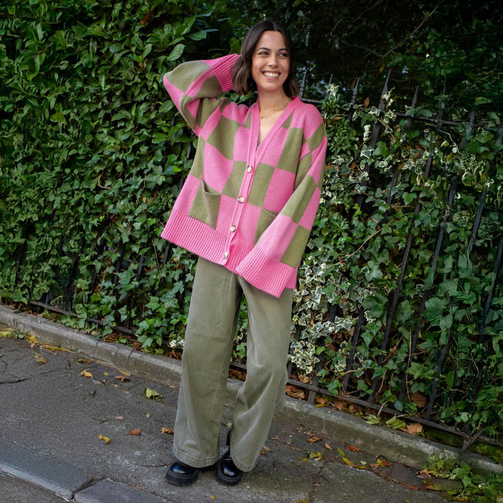 Candice Wide Sleeve Checked Button Cardigan - Pink & Green - Cara & The Sky