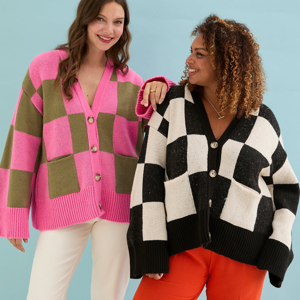 Candice Wide Sleeve Checked Button Cardigan - Pink & Green - Cara & The Sky