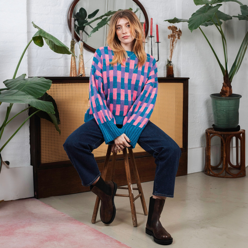 Charlotte Geometric Pattern Wide Sleeve Knit Jumper - Teal - Cara & The Sky