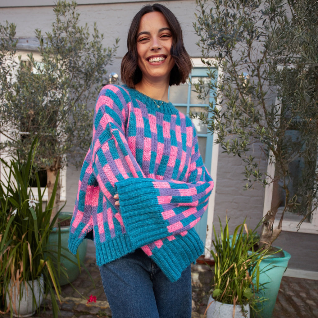 Charlotte Geometric Pattern Wide Sleeve Knit Jumper - Teal - Cara & The Sky