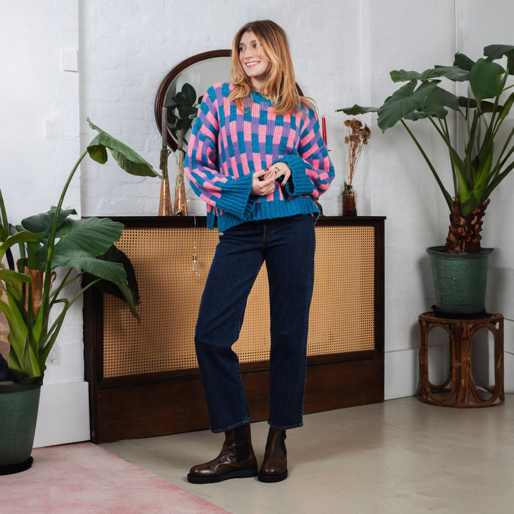 Charlotte Geometric Pattern Wide Sleeve Knit Jumper - Teal - Cara & The Sky