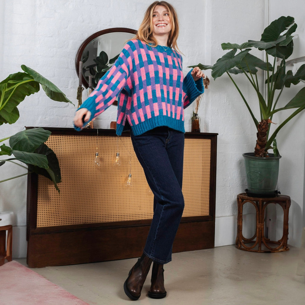 Charlotte Geometric Pattern Wide Sleeve Knit Jumper - Teal - Cara & The Sky