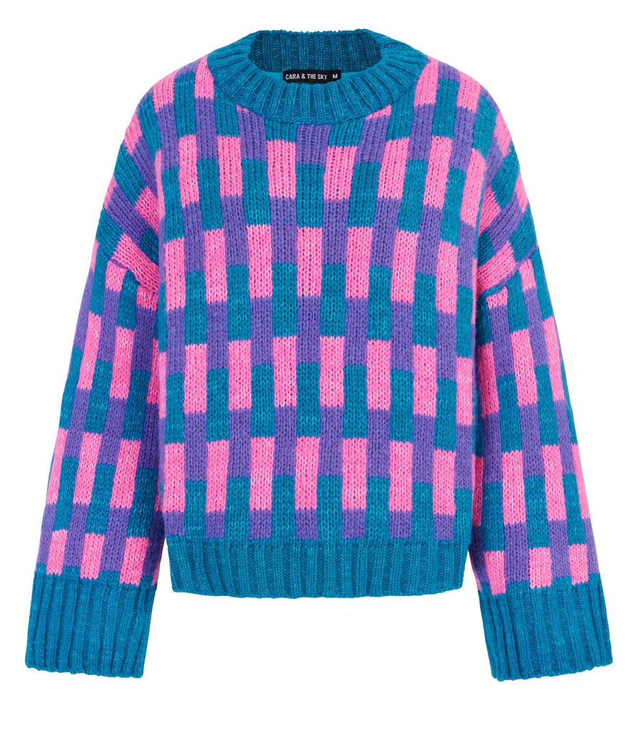 Charlotte Geometric Pattern Wide Sleeve Knit Jumper - Teal - Cara & The Sky