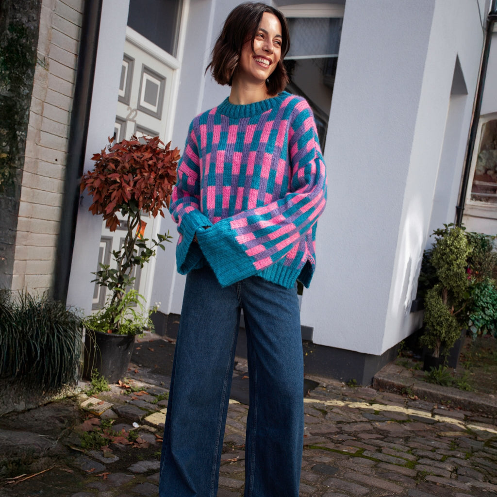 Charlotte Geometric Pattern Wide Sleeve Knit Jumper - Teal - Cara & The Sky