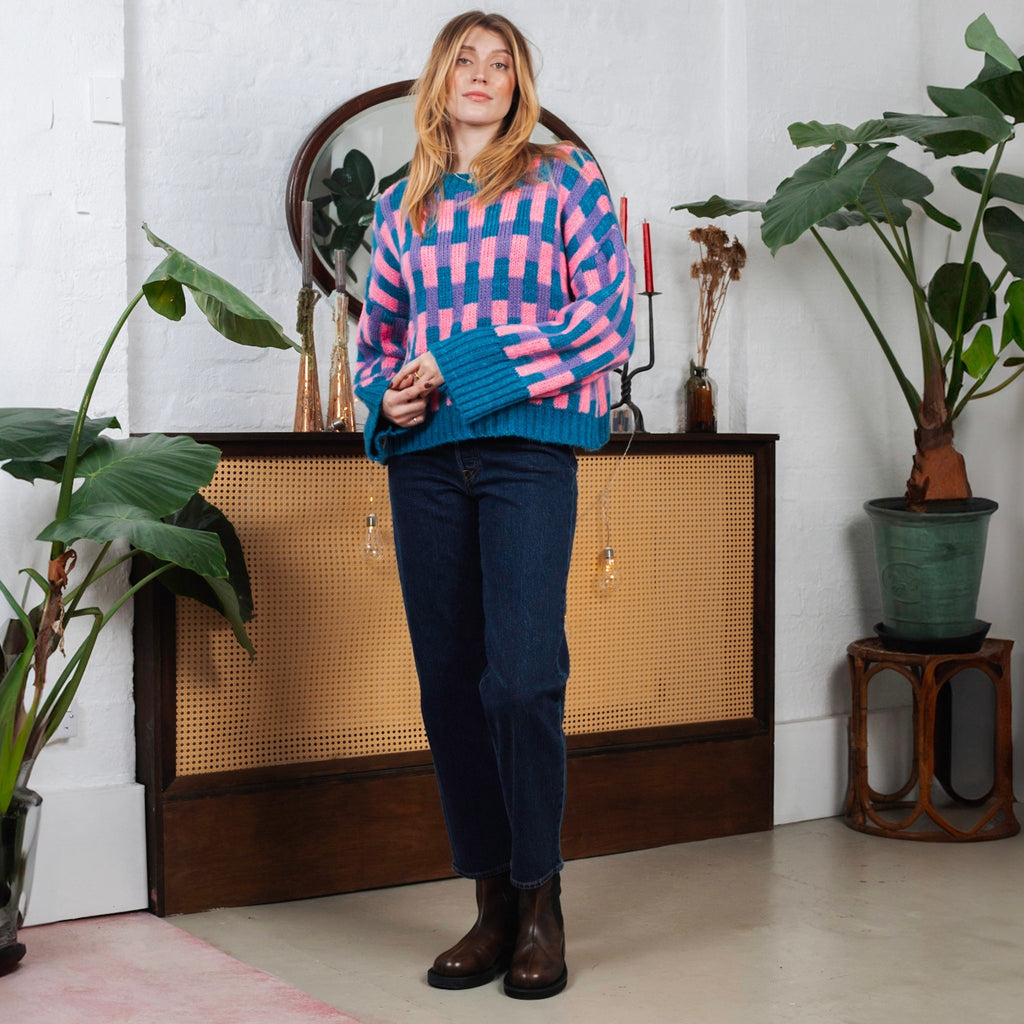 Charlotte Geometric Pattern Wide Sleeve Knit Jumper - Teal - Cara & The Sky