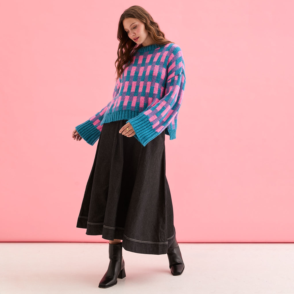 Charlotte Geometric Pattern Wide Sleeve Knit Jumper - Teal - Cara & The Sky