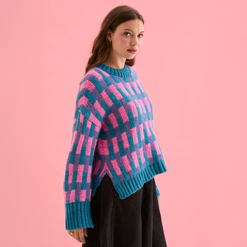 Charlotte Geometric Pattern Wide Sleeve Knit Jumper - Teal - Cara & The Sky