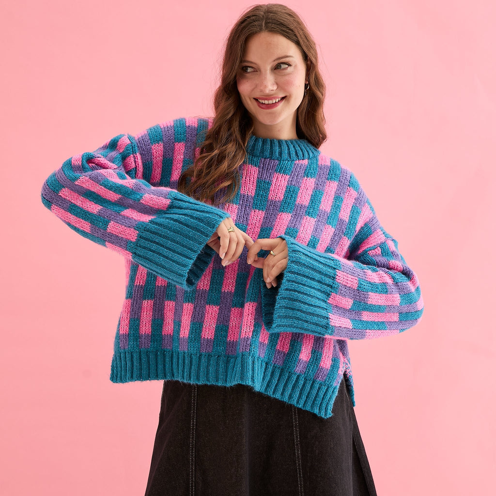 Charlotte Geometric Pattern Wide Sleeve Knit Jumper - Teal - Cara & The Sky