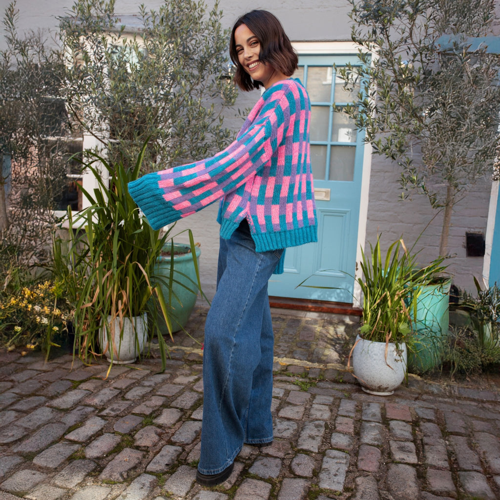 Charlotte Geometric Pattern Wide Sleeve Knit Jumper - Teal - Cara & The Sky