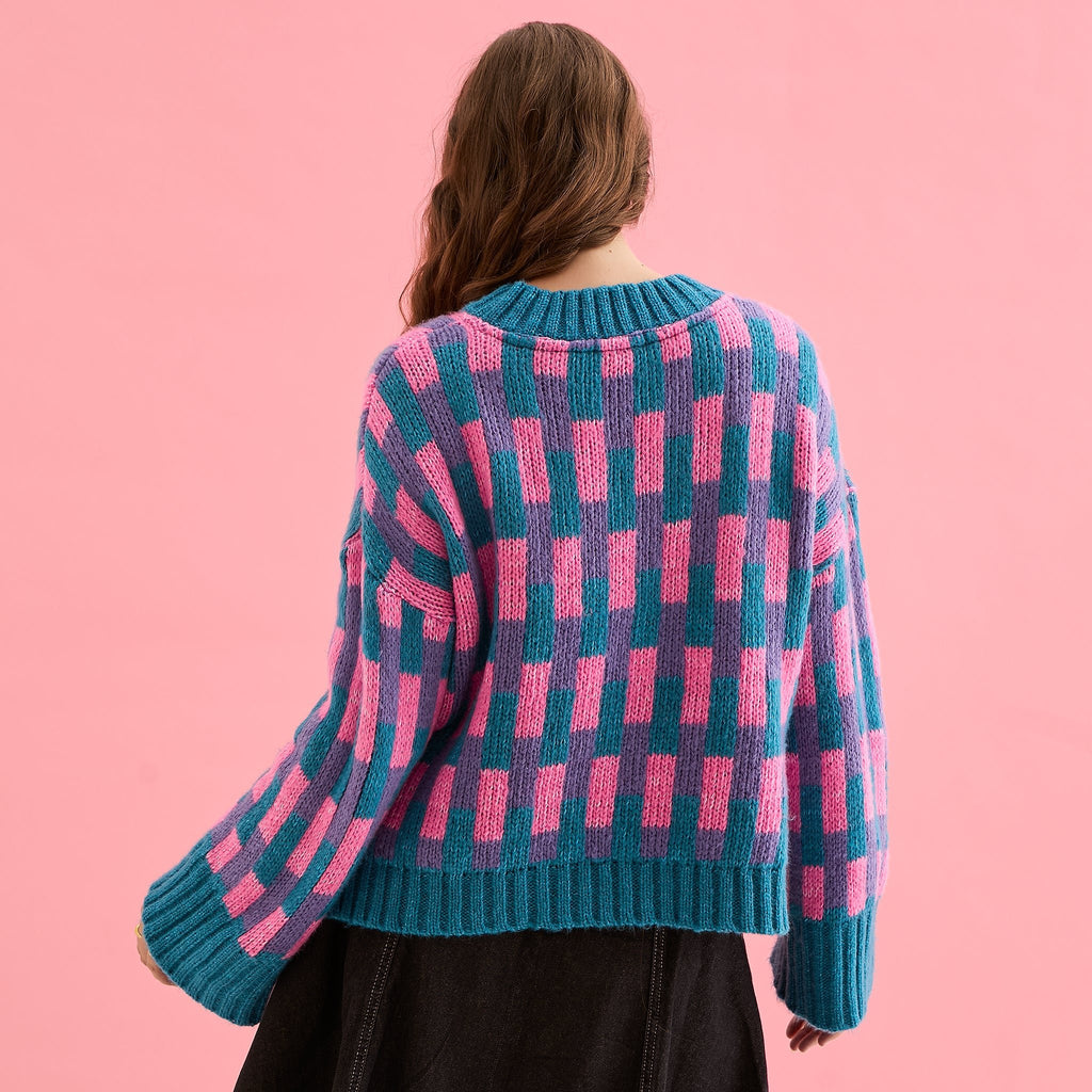 Charlotte Geometric Pattern Wide Sleeve Knit Jumper - Teal - Cara & The Sky