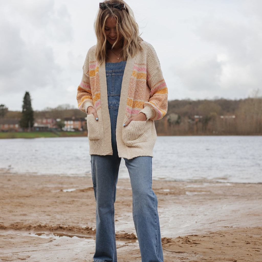 Dani Recycled Cotton Blend Chunky Balloon Sleeve Stripe Cardigan - White - Cara & The Sky