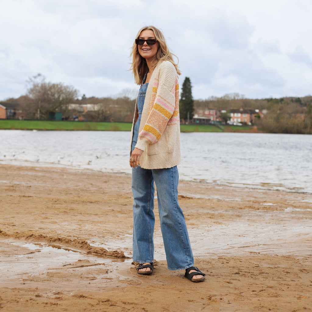 Dani Recycled Cotton Blend Chunky Balloon Sleeve Stripe Cardigan - White - Cara & The Sky