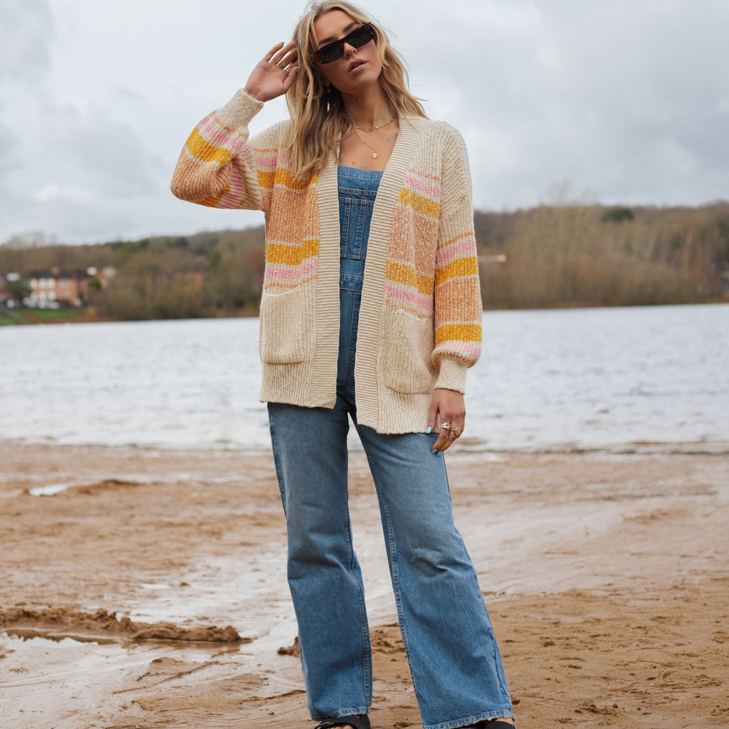 Dani Recycled Cotton Blend Chunky Balloon Sleeve Stripe Cardigan - White - Cara & The Sky