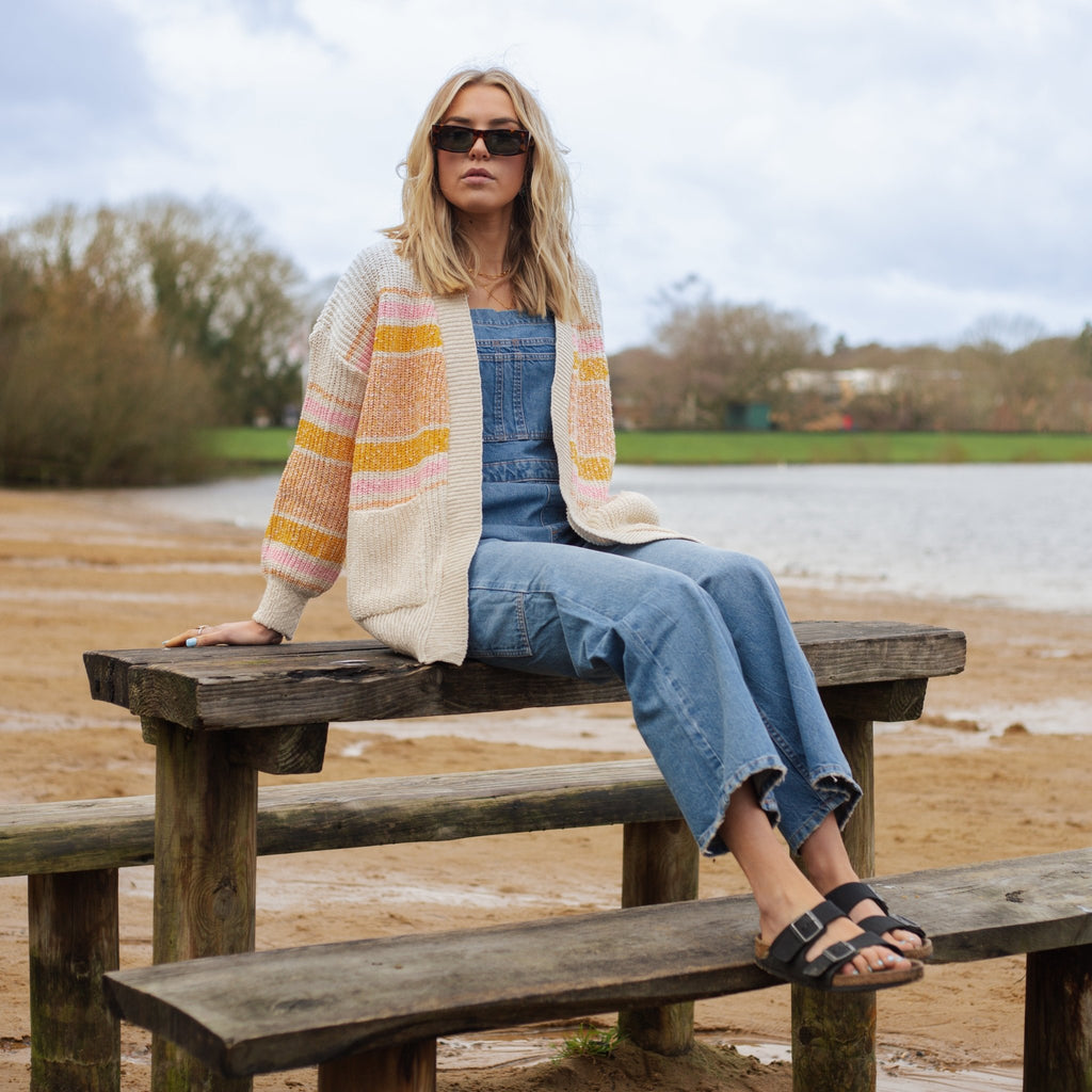 Dani Recycled Cotton Blend Chunky Balloon Sleeve Stripe Cardigan - White - Cara & The Sky