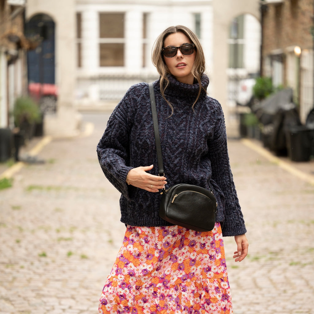 Emily Cable Roll Neck Tunic Jumper - Navy Blue - Cara & The Sky