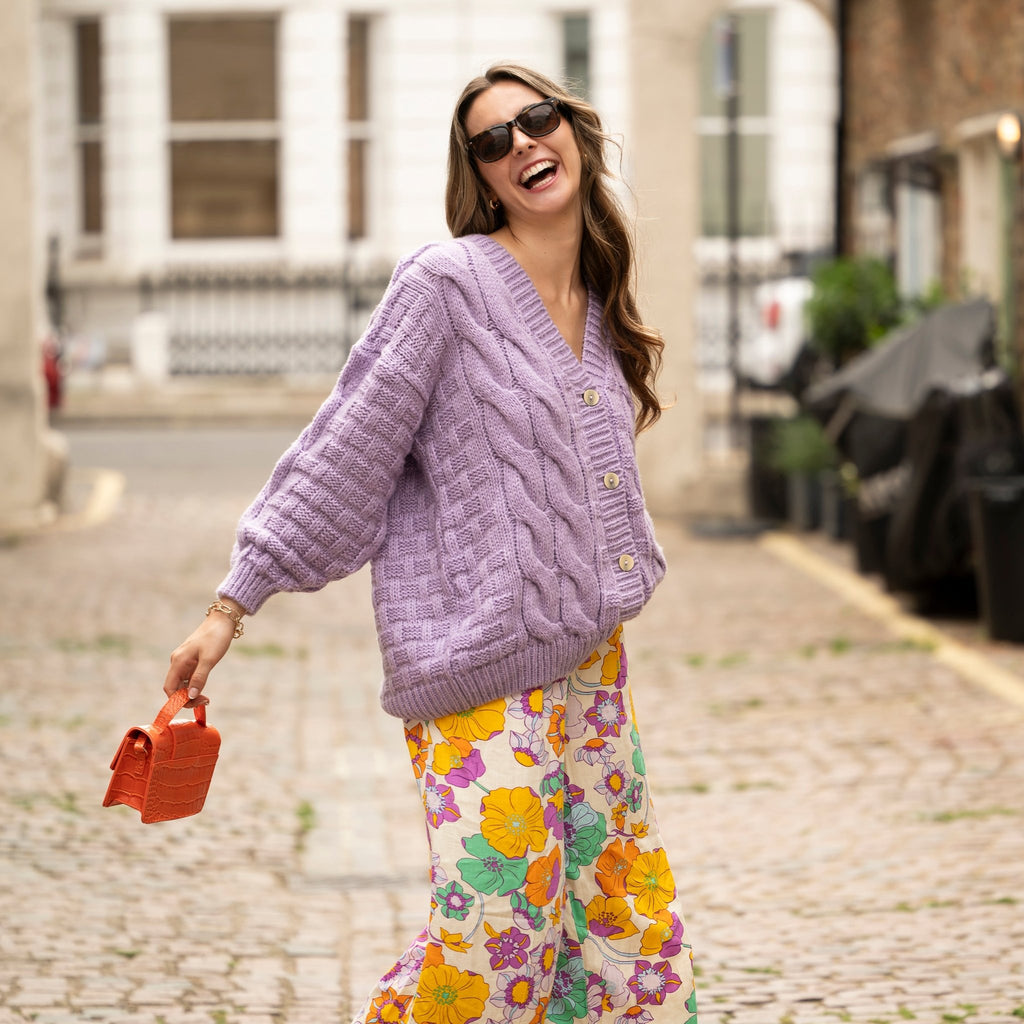 Gemma Basket Stitch Balloon Sleeve Chunky Knit Cardigan - Lilac - Cara & The Sky