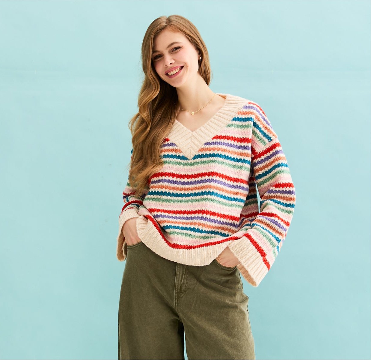 Jasmine Wide Sleeve V Neck Striped Jumper Off White