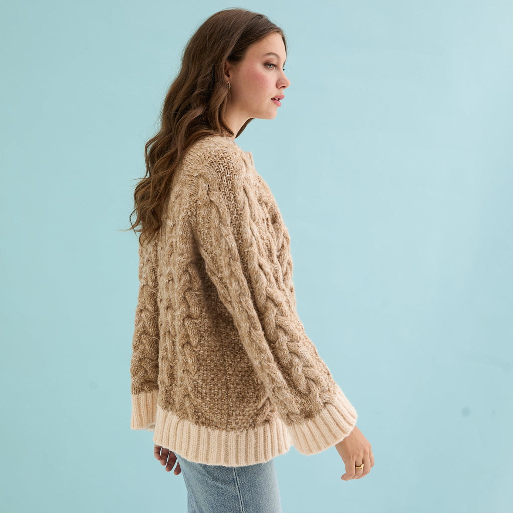 Jennie Cable High Neck Balloon Sleeve Jumper - Beige - Cara & The Sky