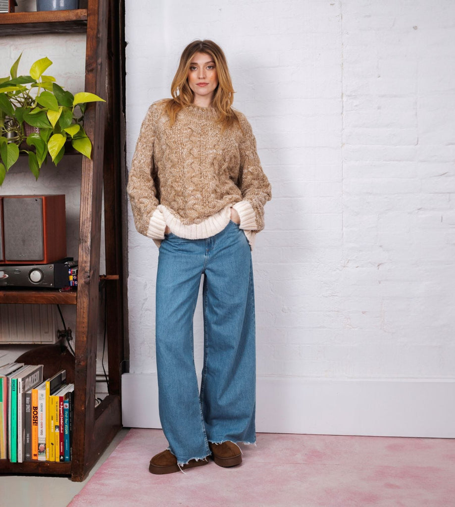 Jennie Cable High Neck Balloon Sleeve Jumper - Beige - Cara & The Sky