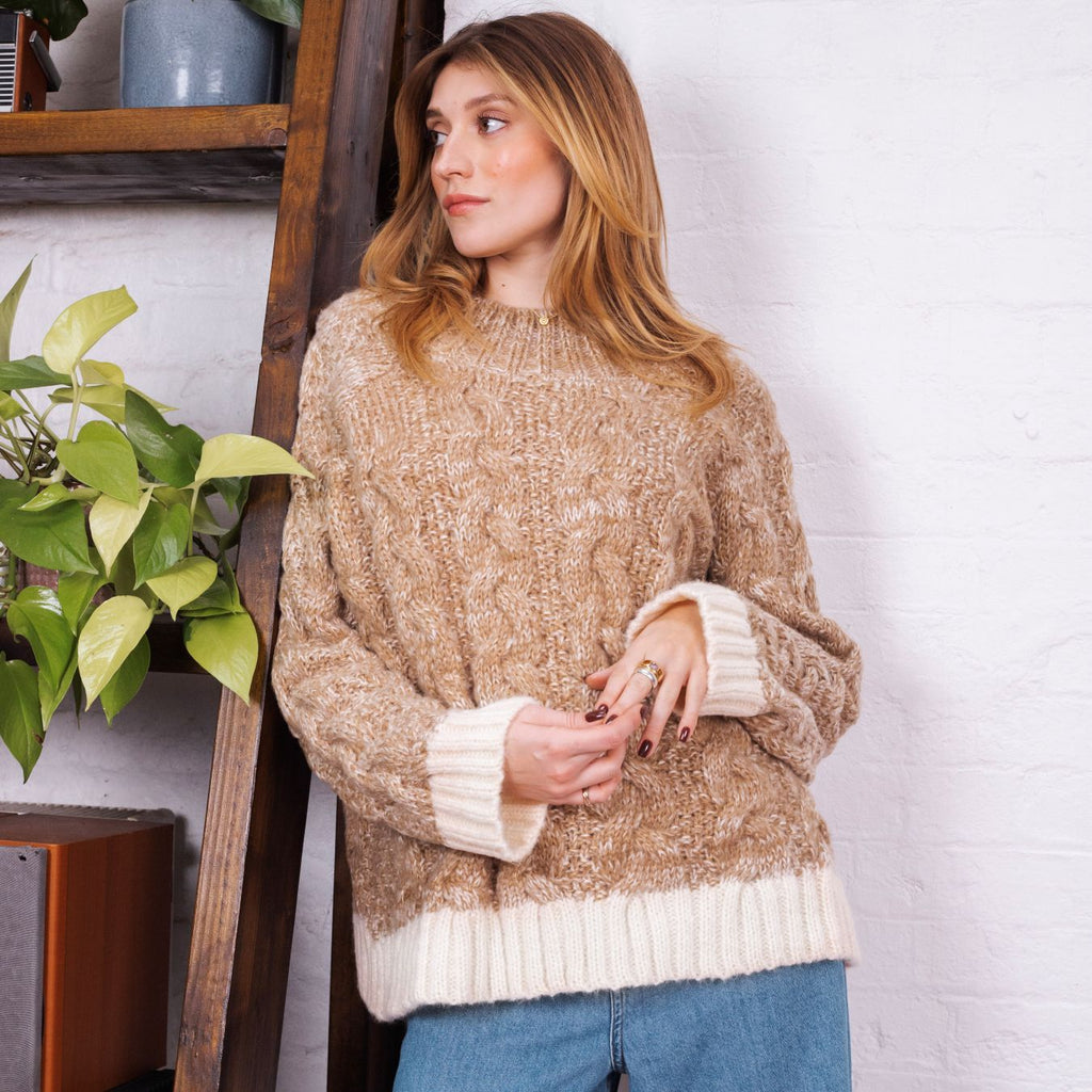 Jennie Cable High Neck Balloon Sleeve Jumper - Beige - Cara & The Sky
