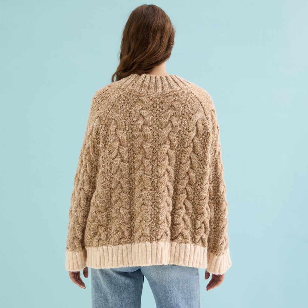 Jennie Cable High Neck Balloon Sleeve Jumper - Beige - Cara & The Sky